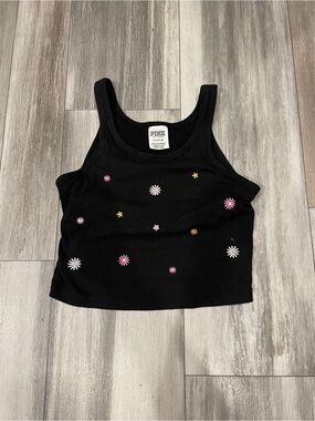PINK Victoria's Secret y2k black embroidered Black Tank with Multicolor Daisies